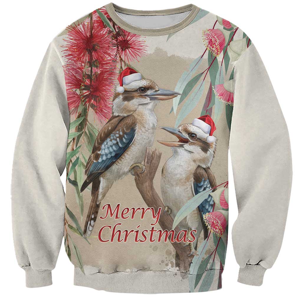 Australia Kookaburra Christmas Sweatshirt Bottlebrush Eucalyptus Blossoms Watercolor - Aussie Hoodie