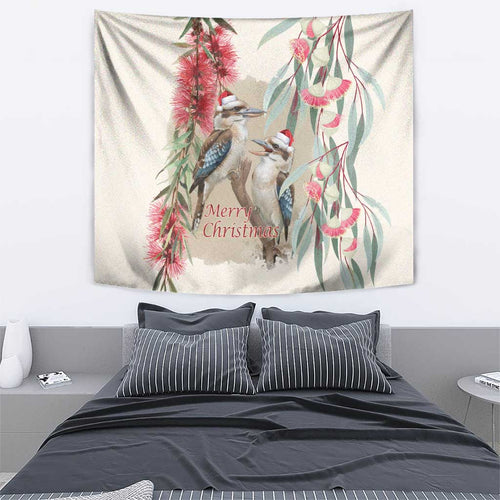 Australia Kookaburra Christmas Tapestry Bottlebrush Eucalyptus Blossoms Watercolor - Aussie Hoodie
