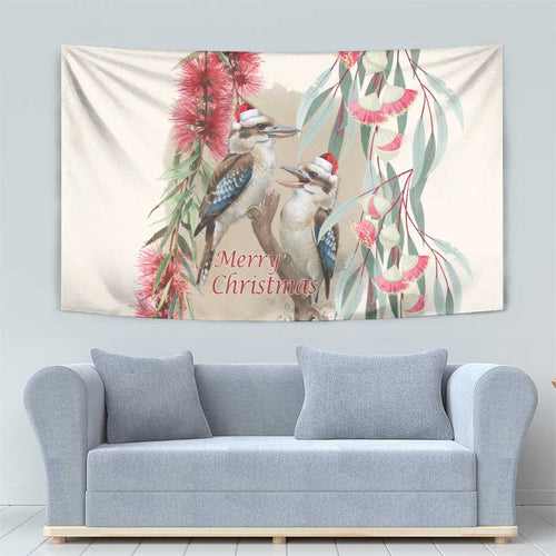 Australia Kookaburra Christmas Tapestry Bottlebrush Eucalyptus Blossoms Watercolor - Aussie Hoodie