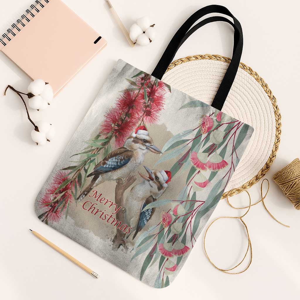 Australia Kookaburra Christmas Tote Bag Bottlebrush Eucalyptus Blossoms Watercolor - Aussie Hoodie