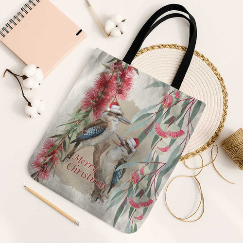 Australia Kookaburra Christmas Tote Bag Bottlebrush Eucalyptus Blossoms Watercolor - Aussie Hoodie