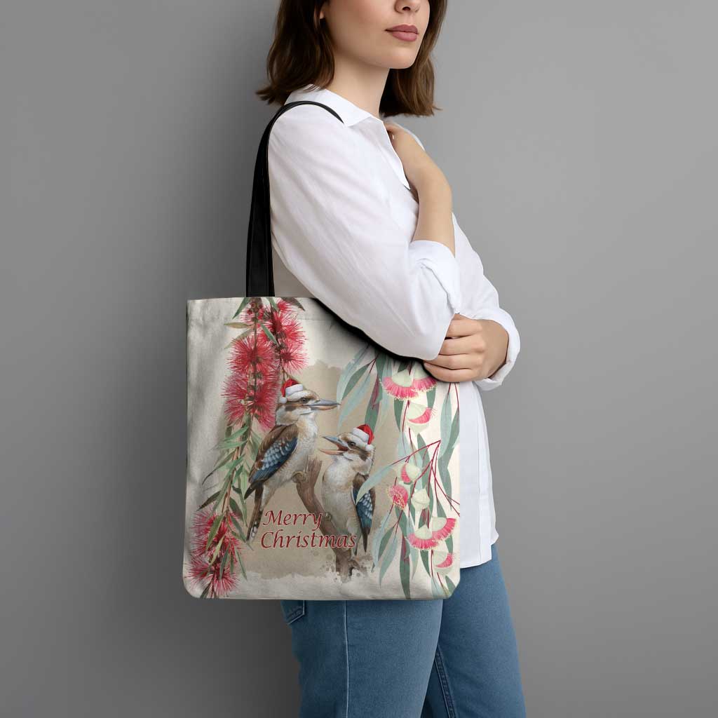 Australia Kookaburra Christmas Tote Bag Bottlebrush Eucalyptus Blossoms Watercolor - Aussie Hoodie