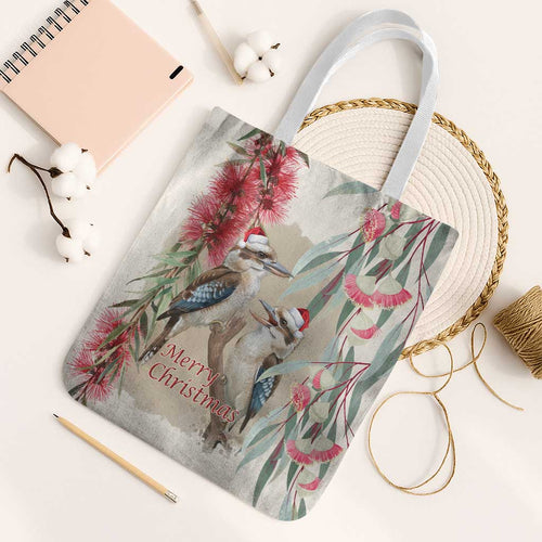 Australia Kookaburra Christmas Tote Bag Bottlebrush Eucalyptus Blossoms Watercolor - Aussie Hoodie