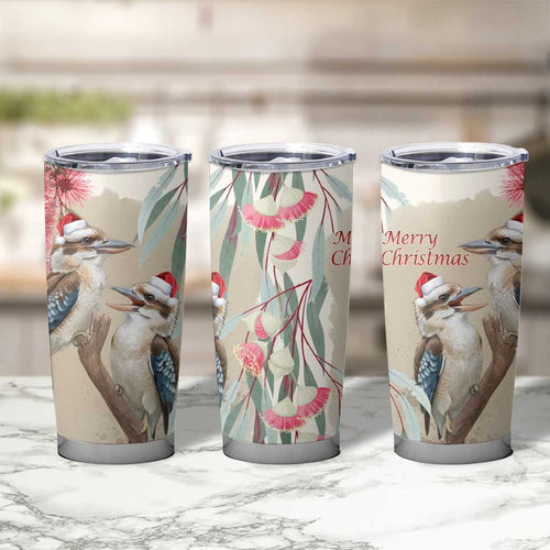 Australia Kookaburra Christmas Tumbler Cup Bottlebrush Eucalyptus Blossoms Watercolor - Aussie Hoodie