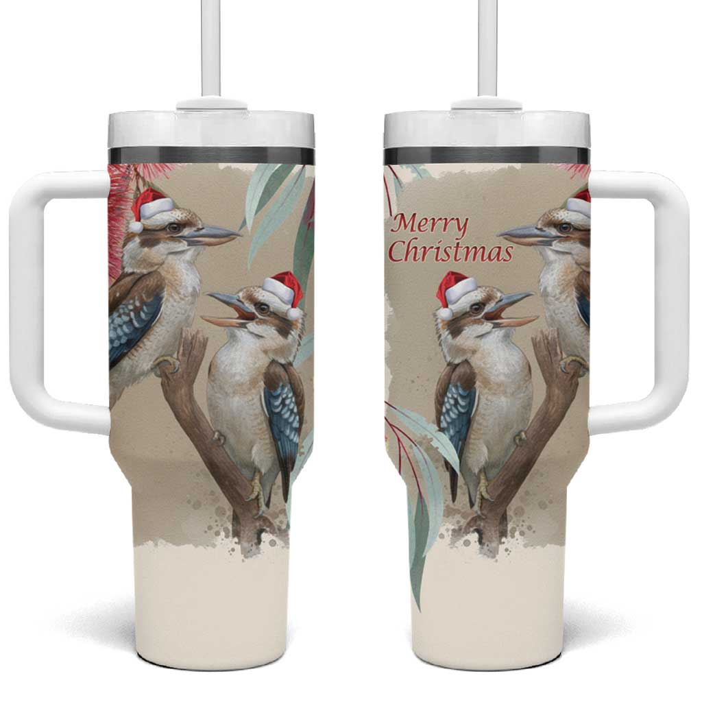 Australia Kookaburra Christmas Tumbler With Handle Bottlebrush Eucalyptus Blossoms Watercolor - Aussie Hoodie