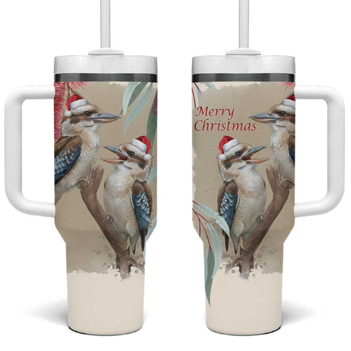 Australia Kookaburra Christmas Tumbler With Handle Bottlebrush Eucalyptus Blossoms Watercolor - Aussie Hoodie
