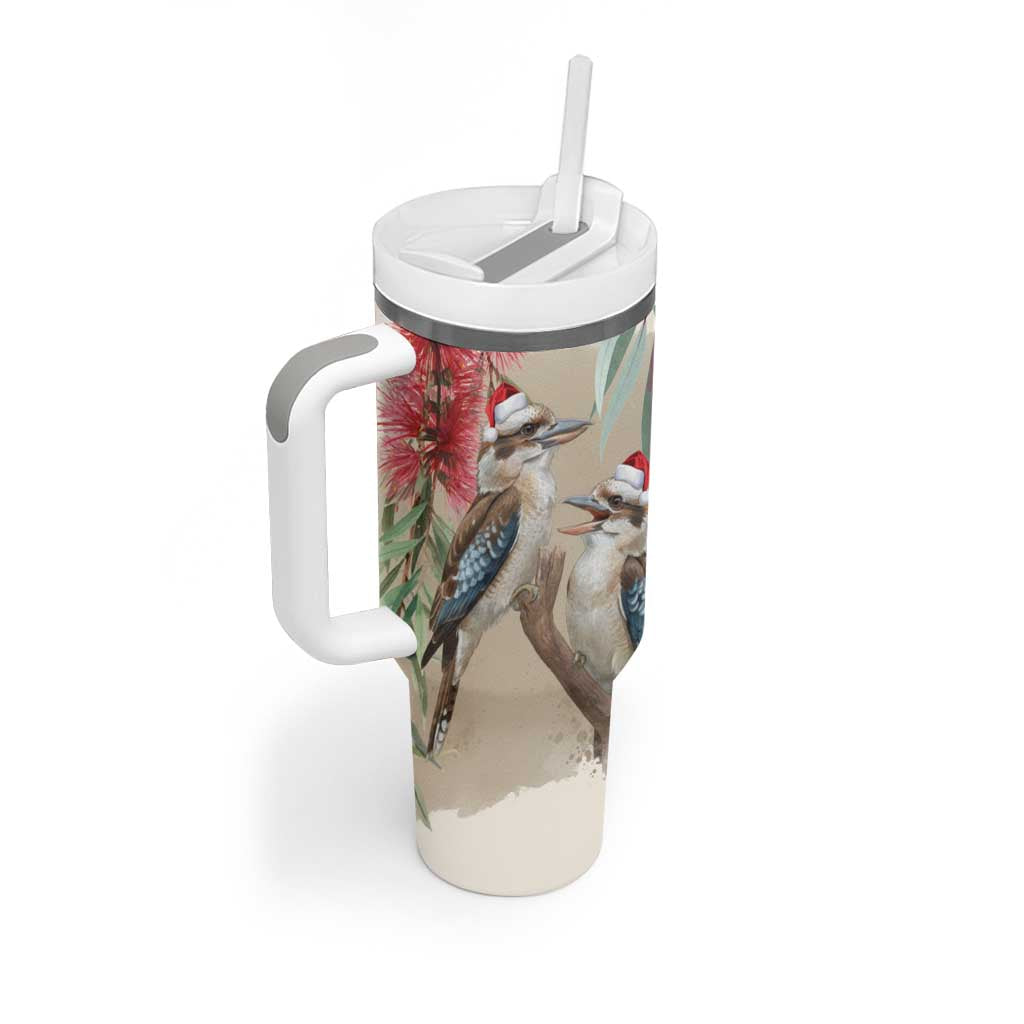 Australia Kookaburra Christmas Tumbler With Handle Bottlebrush Eucalyptus Blossoms Watercolor - Aussie Hoodie