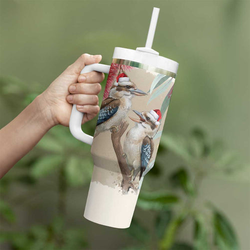 Australia Kookaburra Christmas Tumbler With Handle Bottlebrush Eucalyptus Blossoms Watercolor - Aussie Hoodie