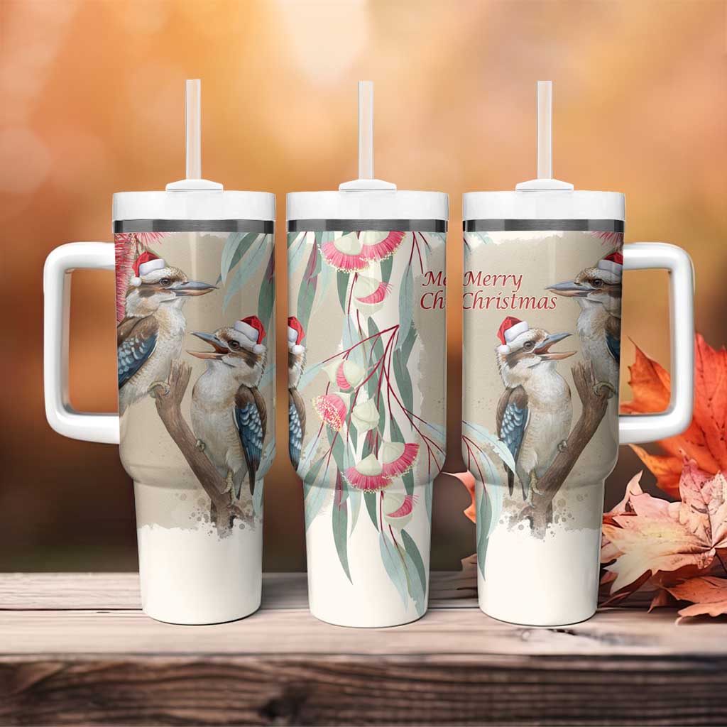Australia Kookaburra Christmas Tumbler With Handle Bottlebrush Eucalyptus Blossoms Watercolor - Aussie Hoodie