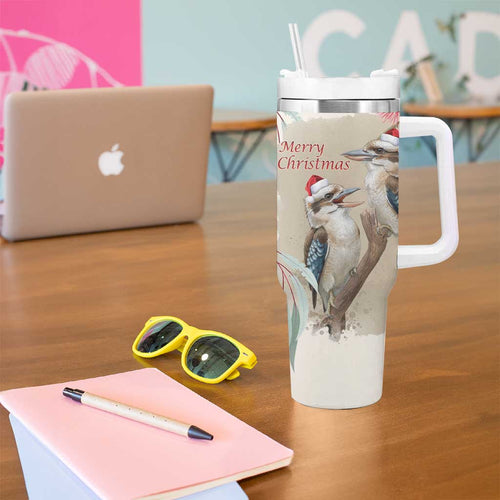 Australia Kookaburra Christmas Tumbler With Handle Bottlebrush Eucalyptus Blossoms Watercolor - Aussie Hoodie