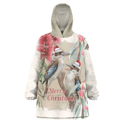 Australia Kookaburra Christmas Wearable Blanket Hoodie Bottlebrush Eucalyptus Blossoms Watercolor - Aussie Hoodie