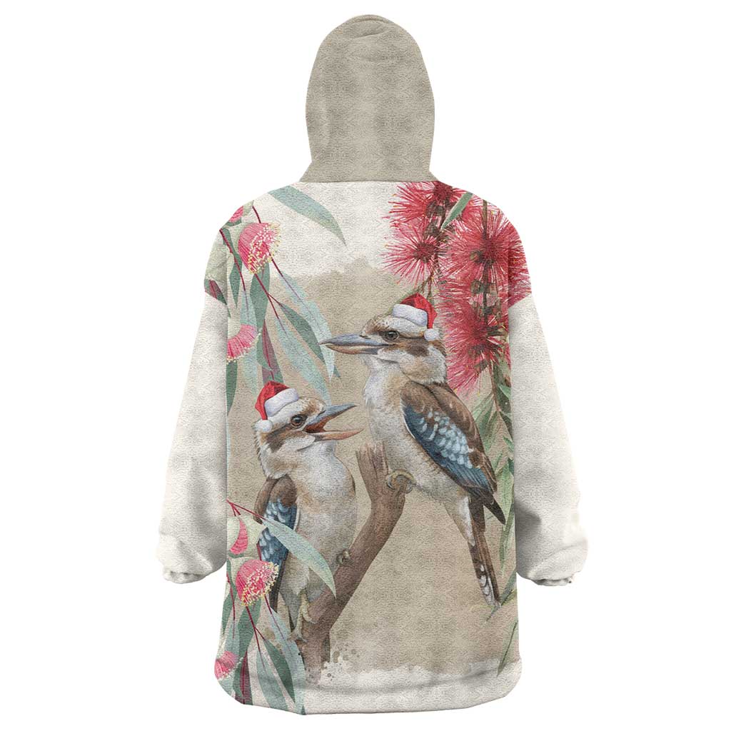 Australia Kookaburra Christmas Wearable Blanket Hoodie Bottlebrush Eucalyptus Blossoms Watercolor - Aussie Hoodie