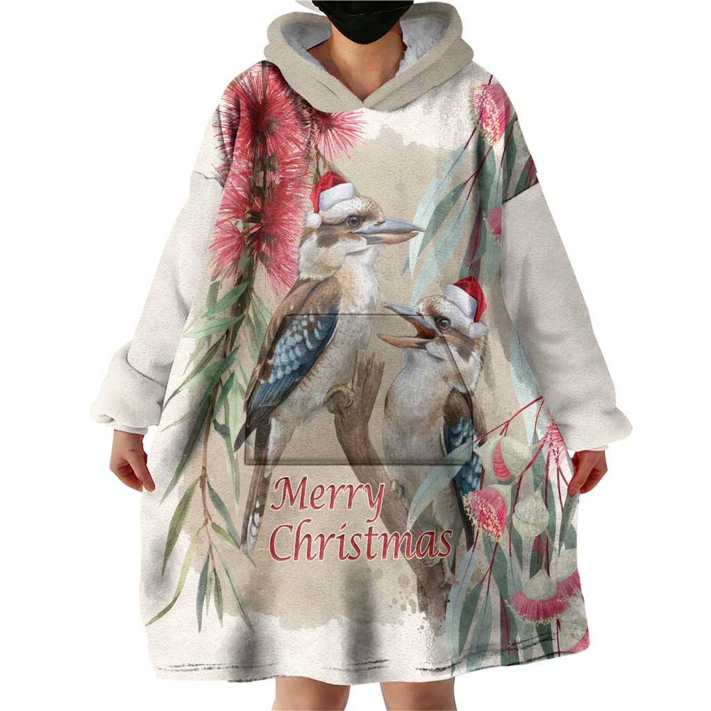 Australia Kookaburra Christmas Wearable Blanket Hoodie Bottlebrush Eucalyptus Blossoms Watercolor - Aussie Hoodie