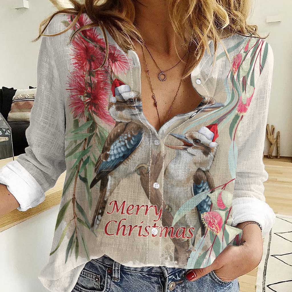 Australia Kookaburra Christmas Women Casual Shirt Bottlebrush Eucalyptus Blossoms Watercolor - Aussie Hoodie