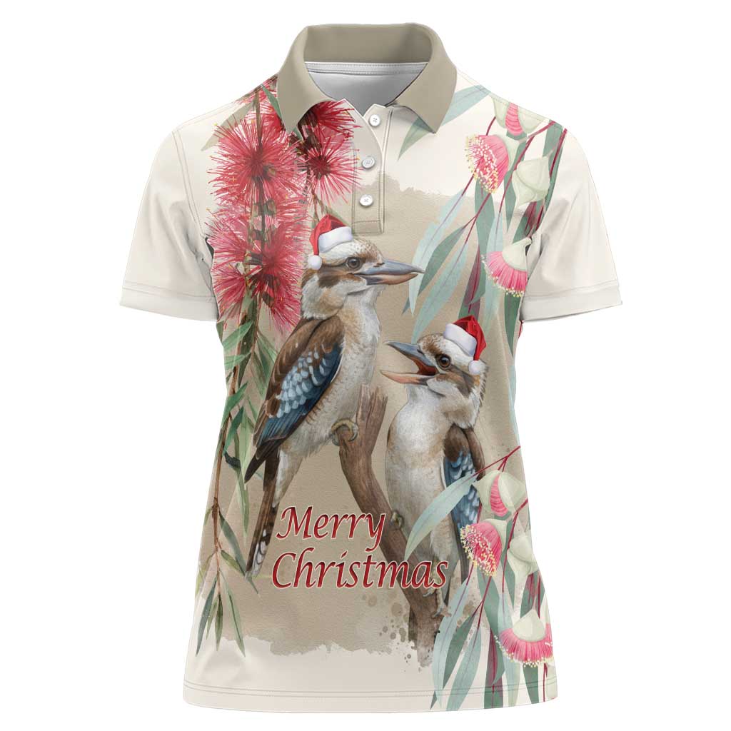 Australia Kookaburra Christmas Women Polo Shirt Bottlebrush Eucalyptus Blossoms Watercolor - Aussie Hoodie
