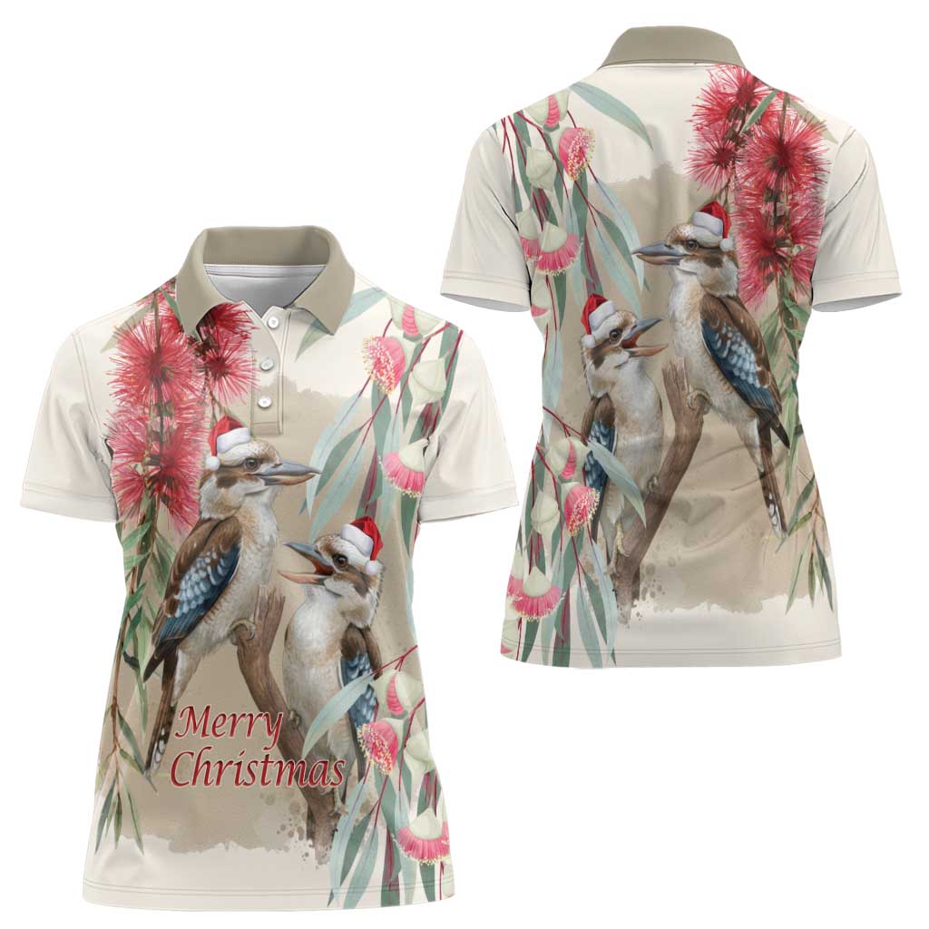 Australia Kookaburra Christmas Women Polo Shirt Bottlebrush Eucalyptus Blossoms Watercolor - Aussie Hoodie
