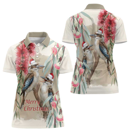 Australia Kookaburra Christmas Women Polo Shirt Bottlebrush Eucalyptus Blossoms Watercolor - Aussie Hoodie
