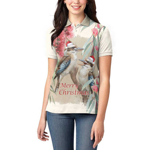 Australia Kookaburra Christmas Women Polo Shirt Bottlebrush Eucalyptus Blossoms Watercolor - Aussie Hoodie