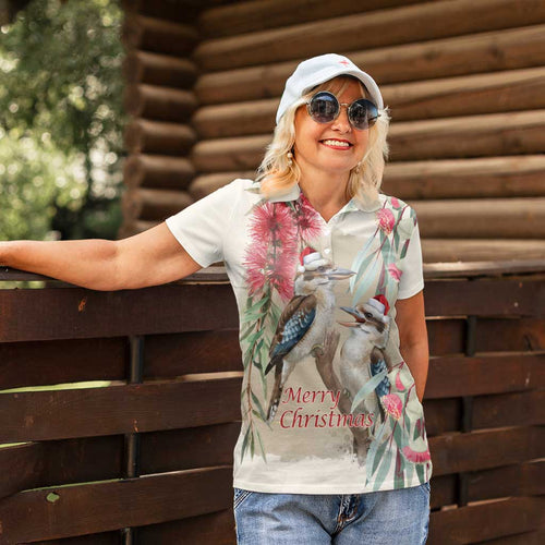 Australia Kookaburra Christmas Women Polo Shirt Bottlebrush Eucalyptus Blossoms Watercolor - Aussie Hoodie
