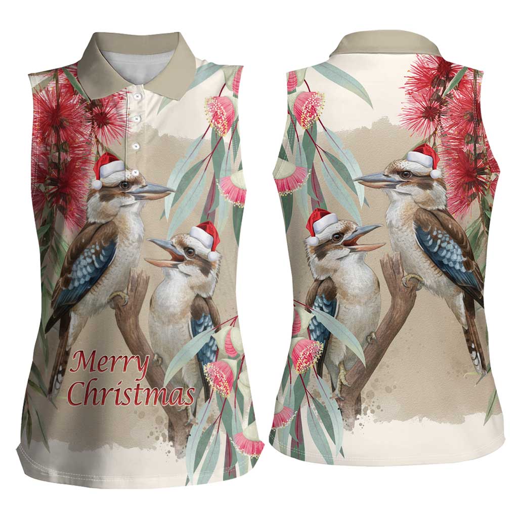 Australia Kookaburra Christmas Women Sleeveless Polo Shirt Bottlebrush Eucalyptus Blossoms Watercolor - Aussie Hoodie
