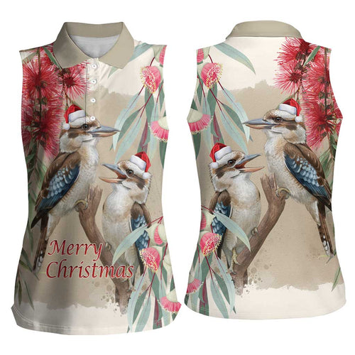 Australia Kookaburra Christmas Women Sleeveless Polo Shirt Bottlebrush Eucalyptus Blossoms Watercolor - Aussie Hoodie