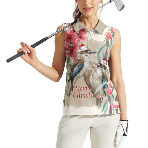 Australia Kookaburra Christmas Women Sleeveless Polo Shirt Bottlebrush Eucalyptus Blossoms Watercolor - Aussie Hoodie