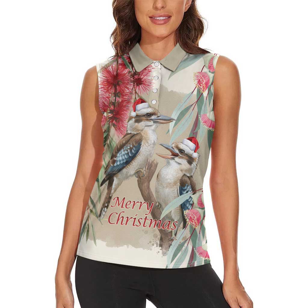 Australia Kookaburra Christmas Women Sleeveless Polo Shirt Bottlebrush Eucalyptus Blossoms Watercolor - Aussie Hoodie