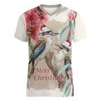Australia Kookaburra Christmas Women V-Neck T-Shirt Bottlebrush Eucalyptus Blossoms Watercolor - Aussie Hoodie