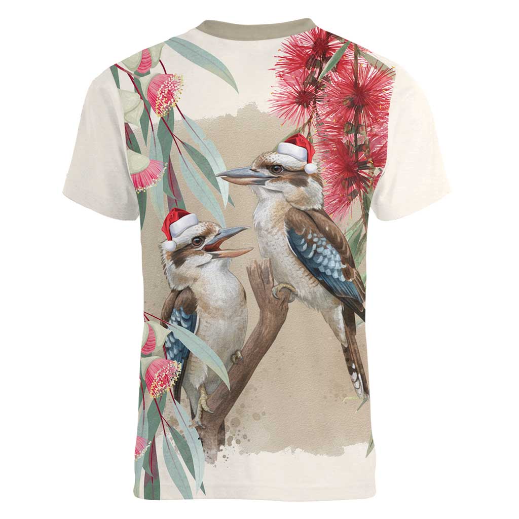 Australia Kookaburra Christmas Women V-Neck T-Shirt Bottlebrush Eucalyptus Blossoms Watercolor - Aussie Hoodie
