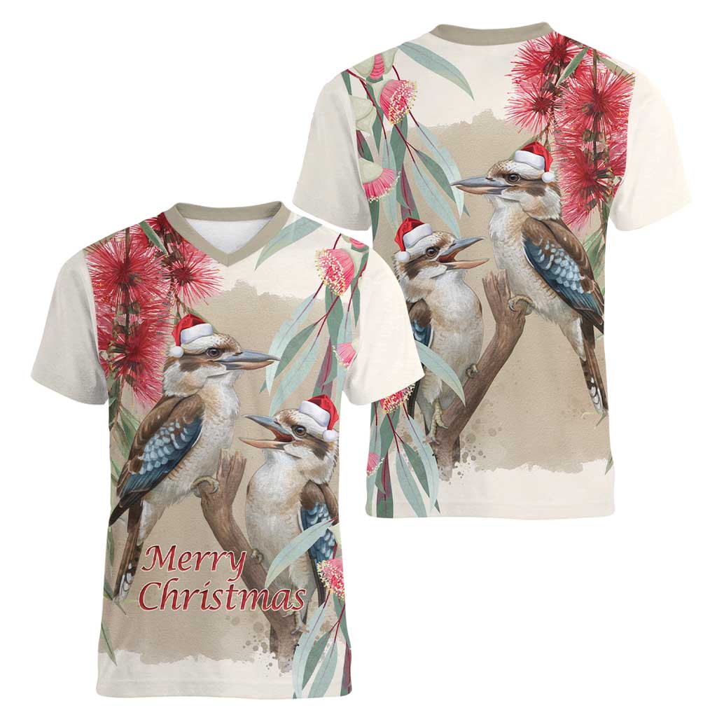 Australia Kookaburra Christmas Women V-Neck T-Shirt Bottlebrush Eucalyptus Blossoms Watercolor - Aussie Hoodie