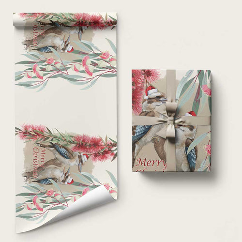 Australia Kookaburra Christmas Wrapping Paper Bottlebrush Eucalyptus Blossoms Watercolor - Aussie Hoodie
