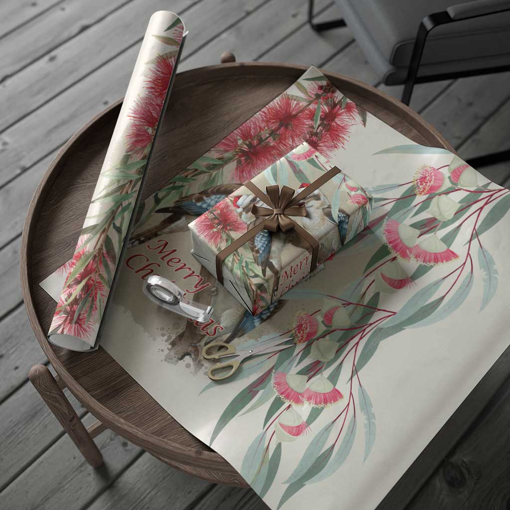 Australia Kookaburra Christmas Wrapping Paper Bottlebrush Eucalyptus Blossoms Watercolor - Aussie Hoodie