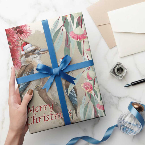 Australia Kookaburra Christmas Wrapping Paper Bottlebrush Eucalyptus Blossoms Watercolor - Aussie Hoodie