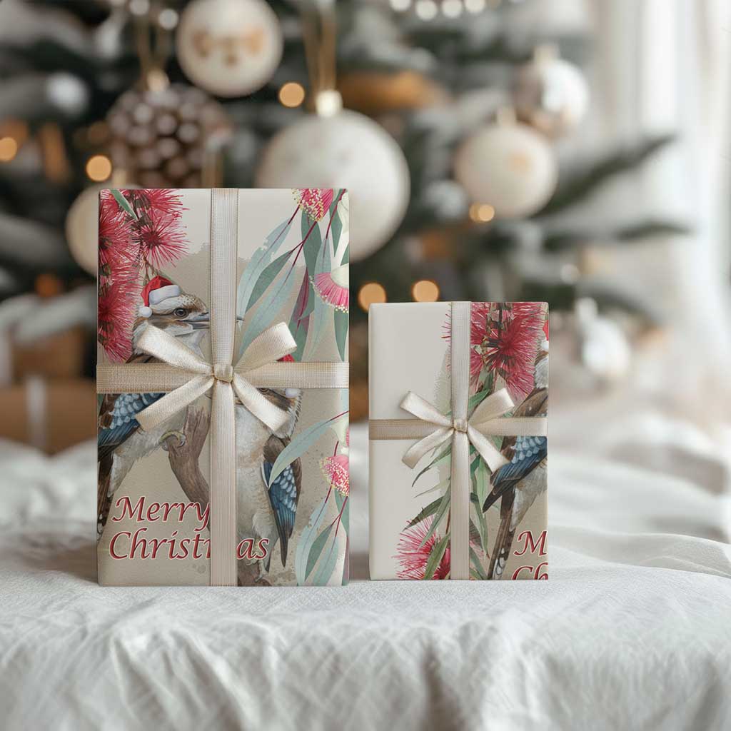 Australia Kookaburra Christmas Wrapping Paper Bottlebrush Eucalyptus Blossoms Watercolor - Aussie Hoodie