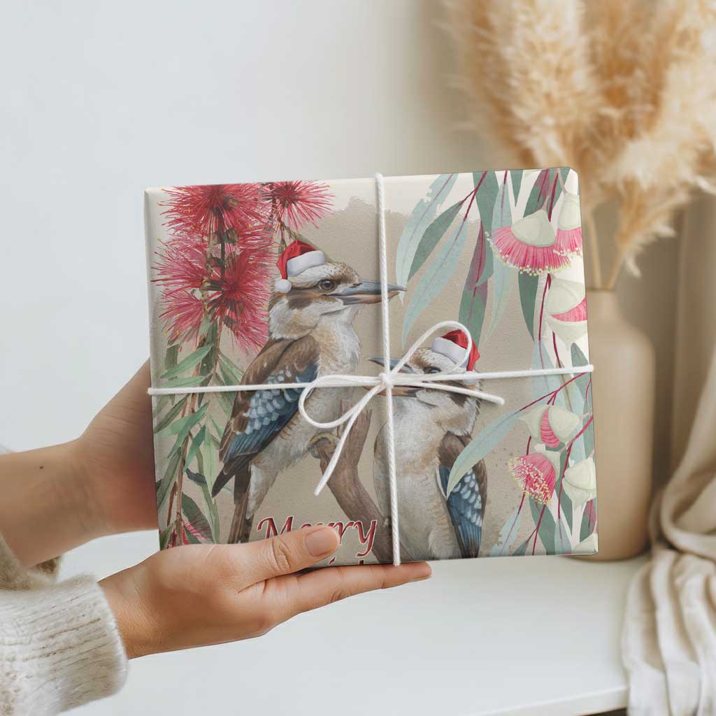 Australia Kookaburra Christmas Wrapping Paper Bottlebrush Eucalyptus Blossoms Watercolor - Aussie Hoodie