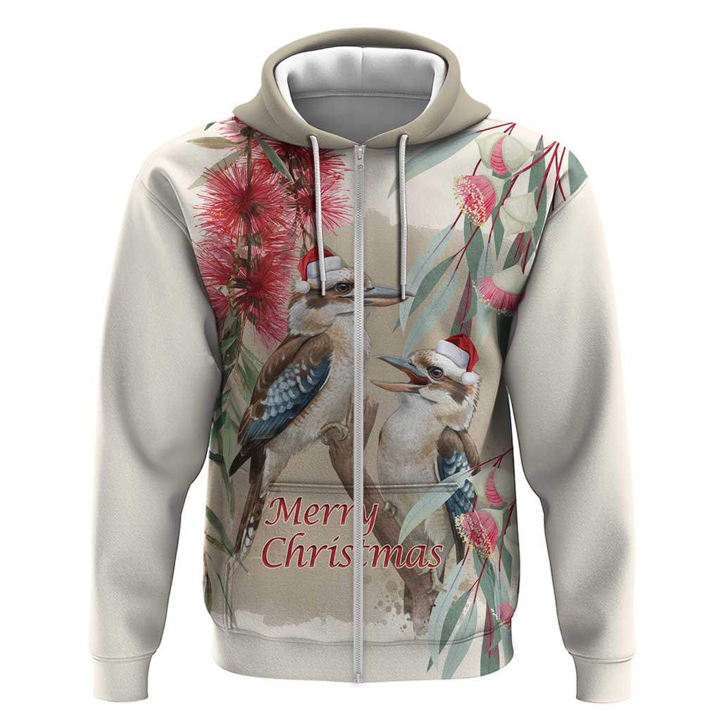 Australia Kookaburra Christmas Zip Hoodie Bottlebrush Eucalyptus Blossoms Watercolor - Aussie Hoodie