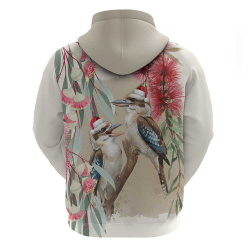 Australia Kookaburra Christmas Zip Hoodie Bottlebrush Eucalyptus Blossoms Watercolor - Aussie Hoodie
