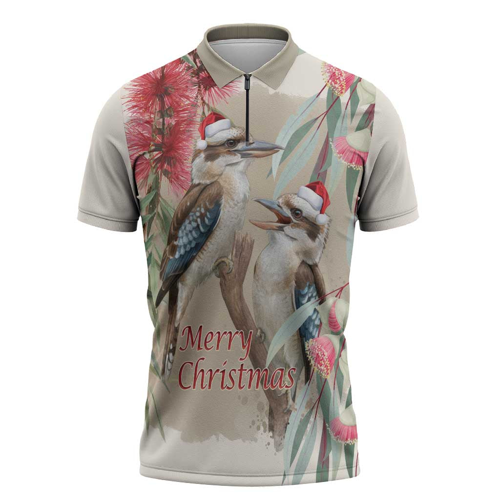 Australia Kookaburra Christmas Zipper Polo Shirt Bottlebrush Eucalyptus Blossoms Watercolor - Aussie Hoodie