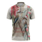 Australia Kookaburra Christmas Zipper Polo Shirt Bottlebrush Eucalyptus Blossoms Watercolor - Aussie Hoodie