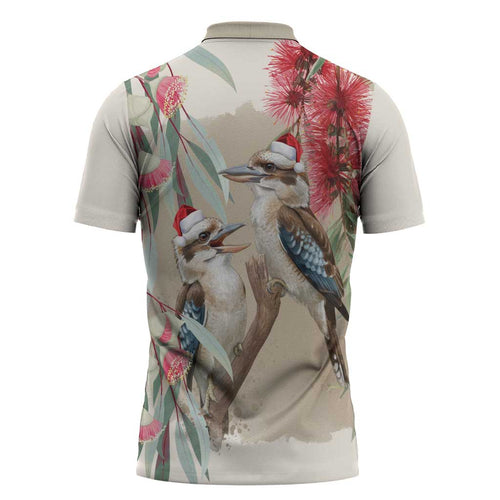 Australia Kookaburra Christmas Zipper Polo Shirt Bottlebrush Eucalyptus Blossoms Watercolor - Aussie Hoodie