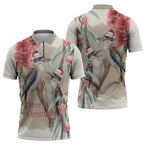 Australia Kookaburra Christmas Zipper Polo Shirt Bottlebrush Eucalyptus Blossoms Watercolor - Aussie Hoodie