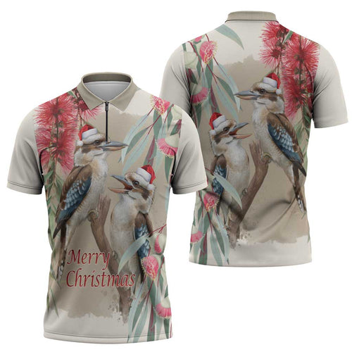Australia Kookaburra Christmas Zipper Polo Shirt Bottlebrush Eucalyptus Blossoms Watercolor - Aussie Hoodie