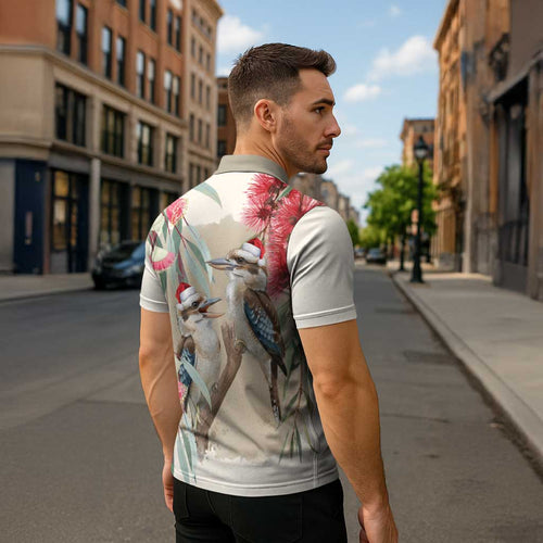Australia Kookaburra Christmas Zipper Polo Shirt Bottlebrush Eucalyptus Blossoms Watercolor - Aussie Hoodie