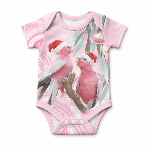 Australia Funny Pink Galah Christmas Baby Onesie Aboriginal Eucalyptus Blossoms Watercolor
