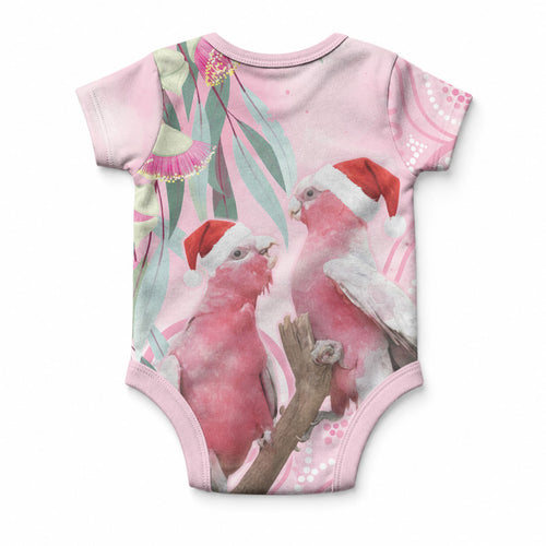 Australia Funny Pink Galah Christmas Baby Onesie Aboriginal Eucalyptus Blossoms Watercolor