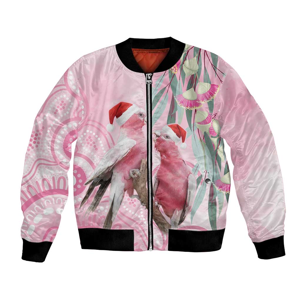 Australia Funny Pink Galah Christmas Bomber Jacket Aboriginal Eucalyptus Blossoms Watercolor - Aussie Hoodie