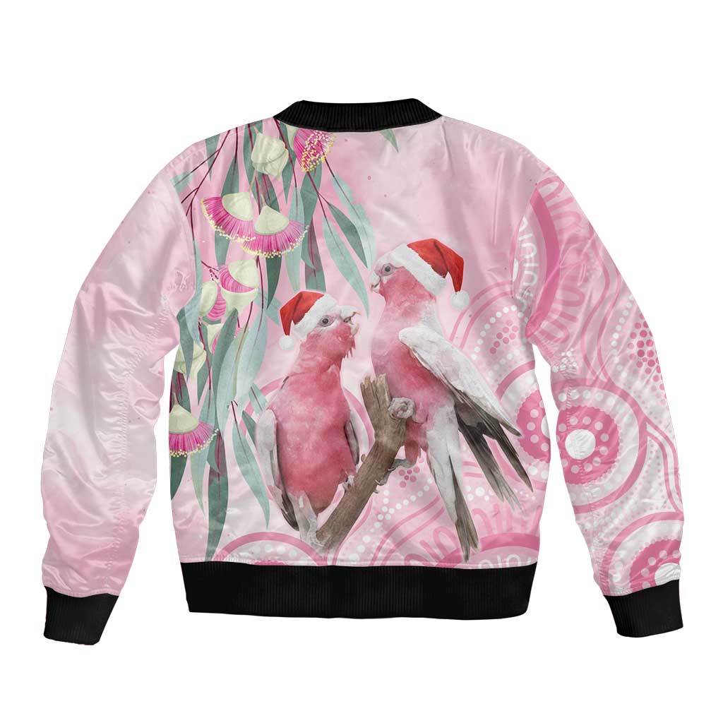 Australia Funny Pink Galah Christmas Bomber Jacket Aboriginal Eucalyptus Blossoms Watercolor - Aussie Hoodie