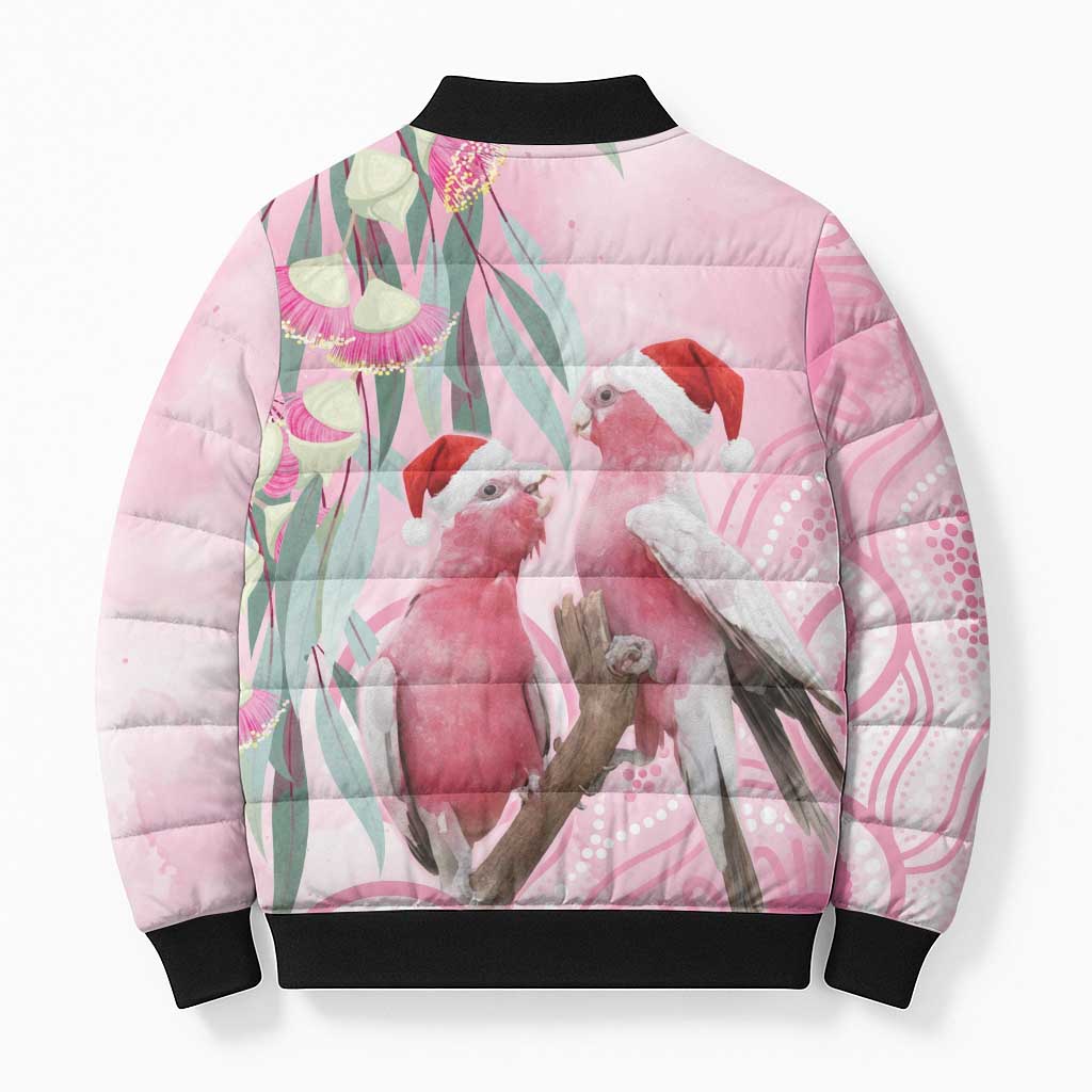 Australia Funny Pink Galah Christmas Bomber Puffer Jacket Aboriginal Eucalyptus Blossoms Watercolor - Aussie Hoodie