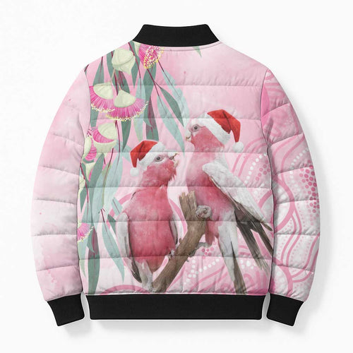 Australia Funny Pink Galah Christmas Bomber Puffer Jacket Aboriginal Eucalyptus Blossoms Watercolor - Aussie Hoodie