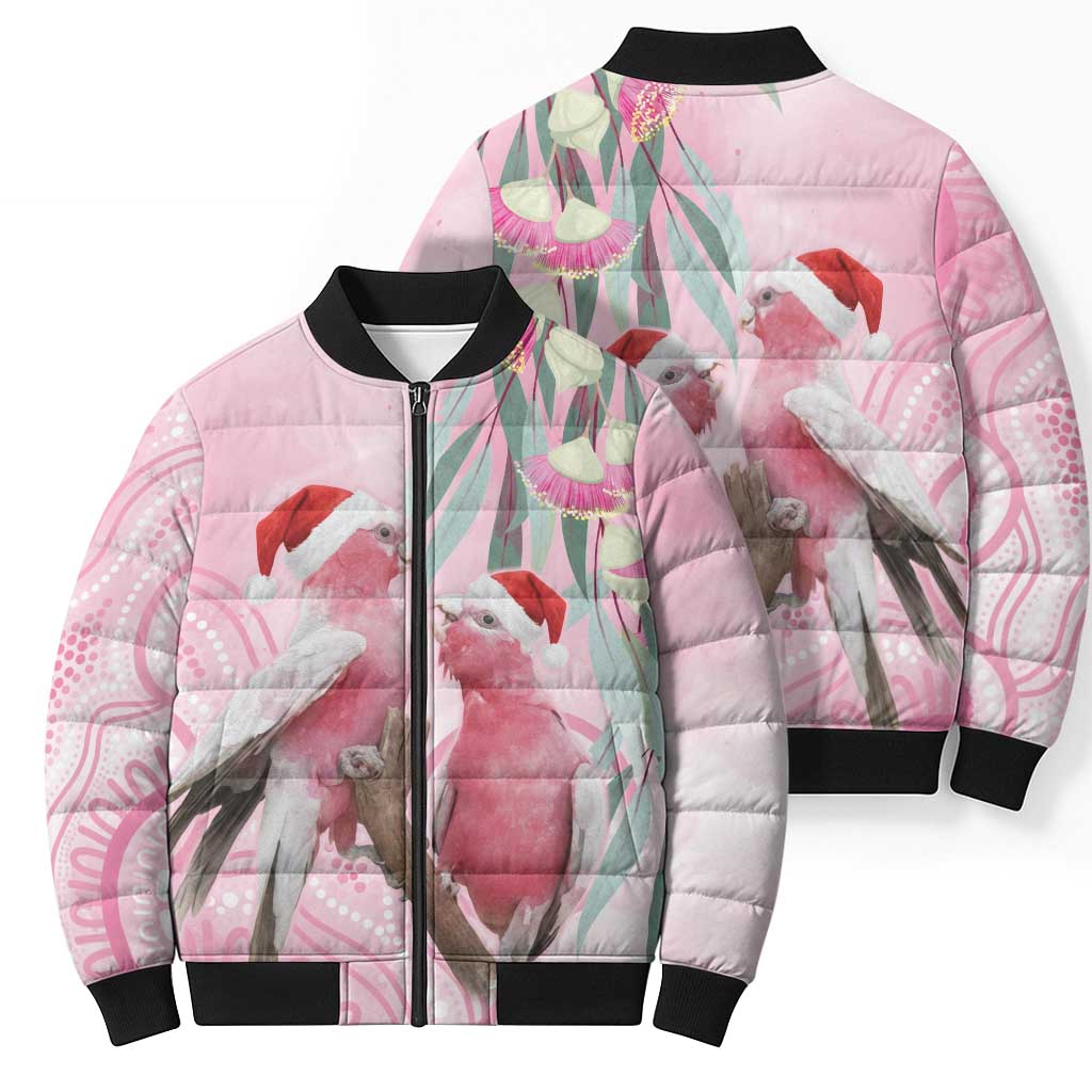 Australia Funny Pink Galah Christmas Bomber Puffer Jacket Aboriginal Eucalyptus Blossoms Watercolor - Aussie Hoodie